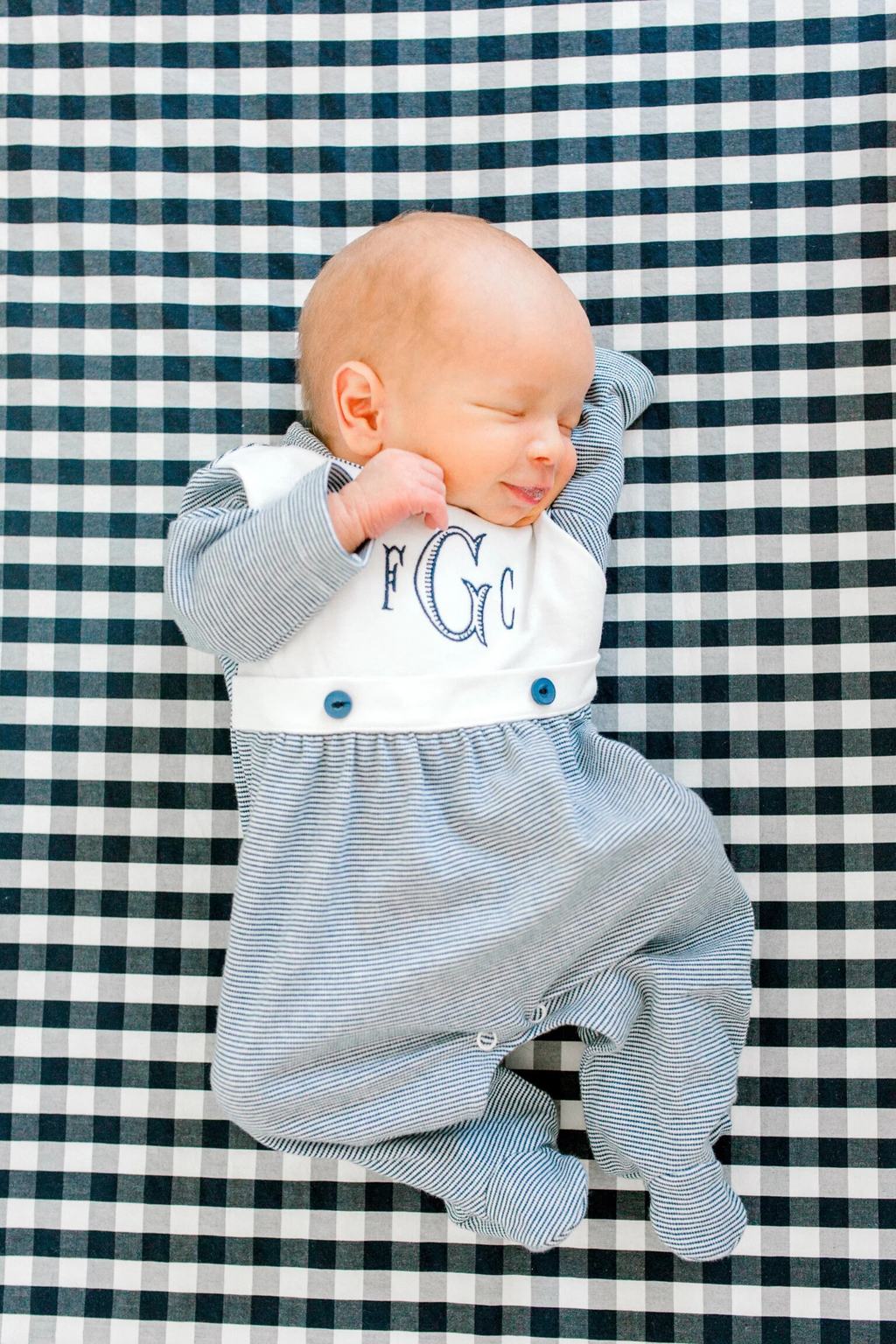 Navy Tiny Stripe Bib Front Footie and Hat