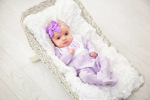 Lavender Tiny Stripe Bib Front Footie and Hat