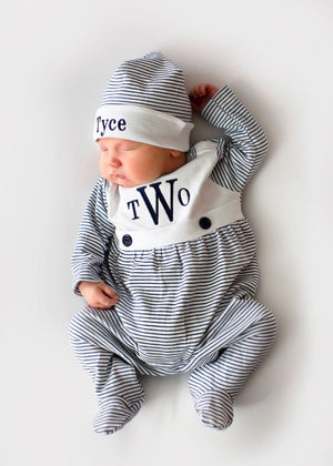 Navy Mini Stripe Bib Front Footie and Hat