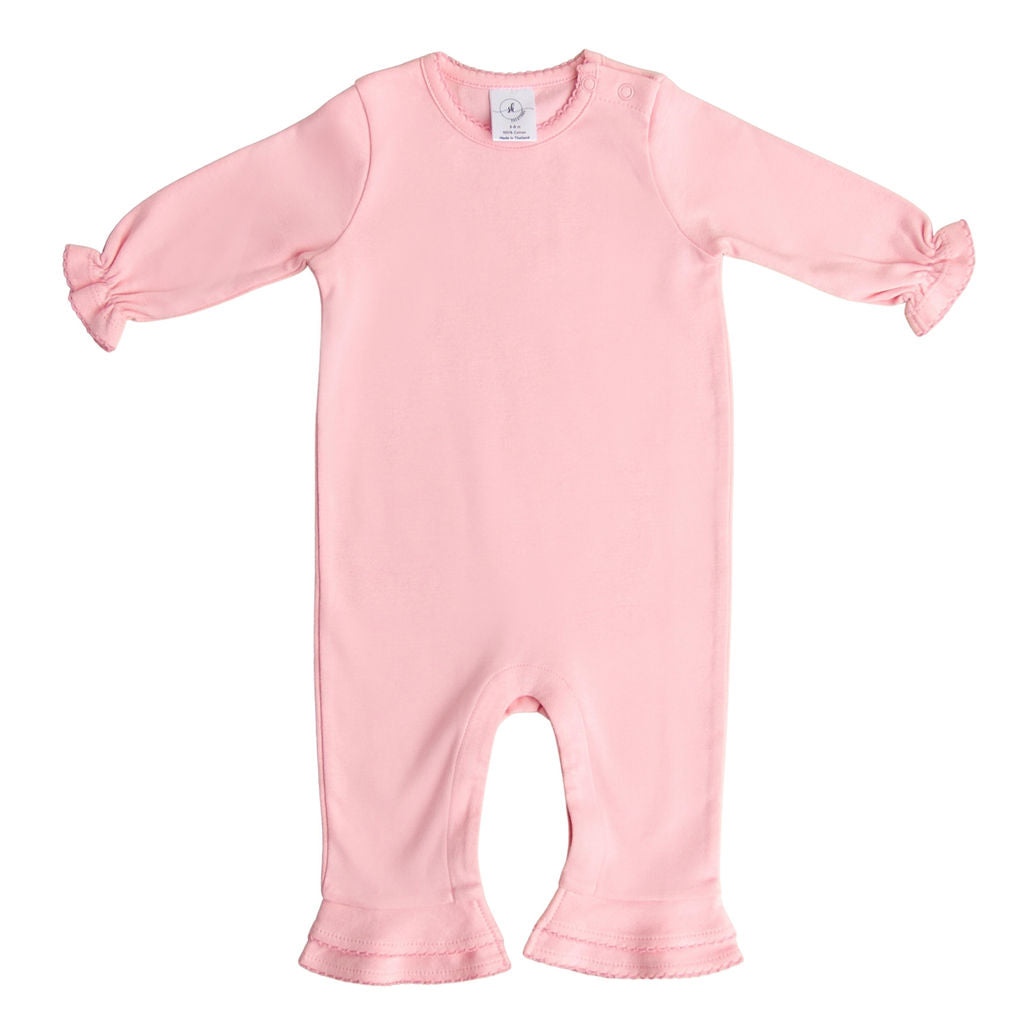 100% Cotton baby girls SK Blanks ruffle romper is perfect for all of your embroidery and vinyl needs!  Our wholesale blanks are super soft and the perfect weight for embroidery and vinyl.  