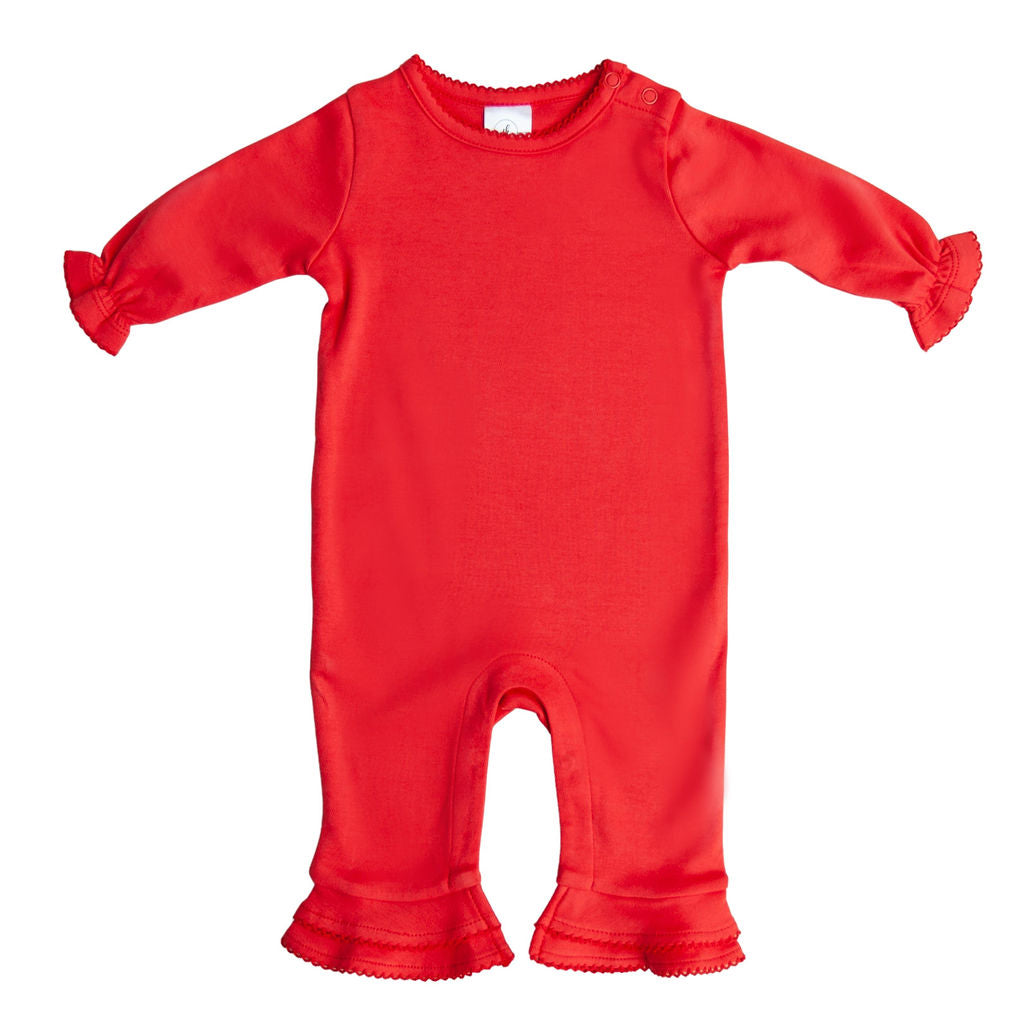 100% Cotton baby girls SK Blanks ruffle romper is perfect for all of your embroidery and vinyl needs!  Our wholesale blanks are super soft and the perfect weight for embroidery and vinyl.  