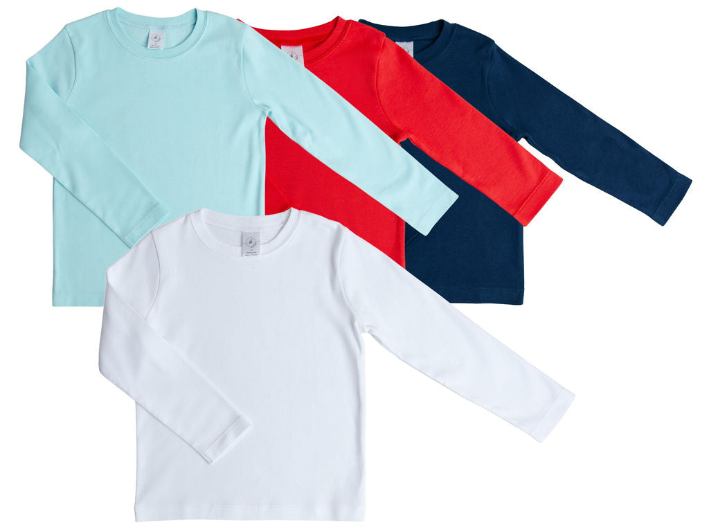 100% Cotton boys SK Blanks shirt, long sleeve, is perfect for all of your embroidery and vinyl needs!  Our wholesale blanks are super soft and the perfect weight for embroidery and vinyl.  Red, Navy, White, Mint. 