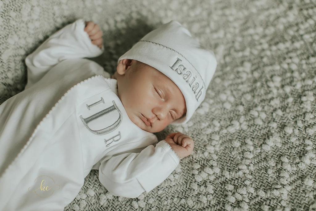 White w/Grey Picot Footie and Hat